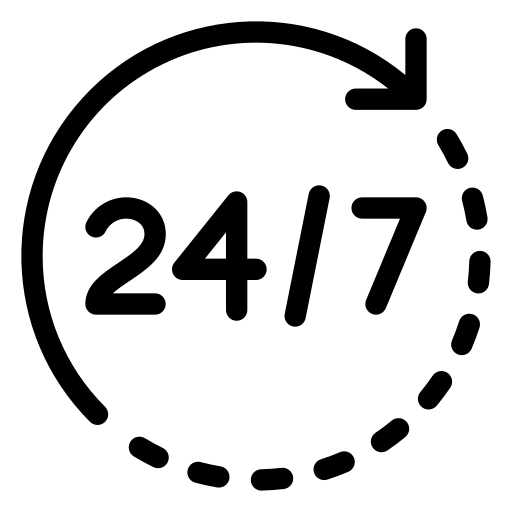 24/7 icon with a circular arrow and number '24' on a white background