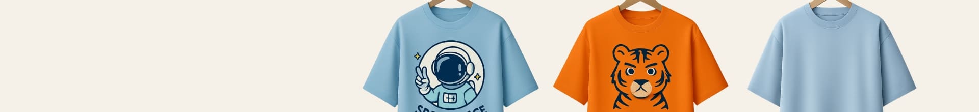 Three t-shirts in blue, orange, and light blue with circular logos on a white background.