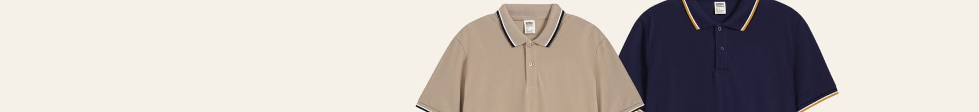 Two polo shirts, one beige and one navy, displayed side by side.