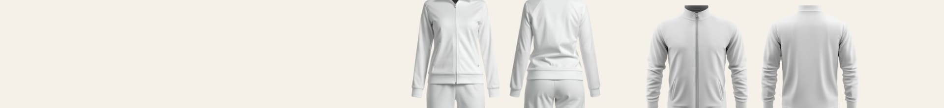 Set of white hoodies displayed on mannequins against a white background