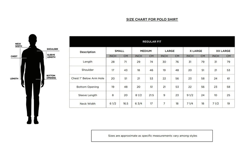 Size chart for Men’s Black USPA Contrast Panel Polo T-Shirt