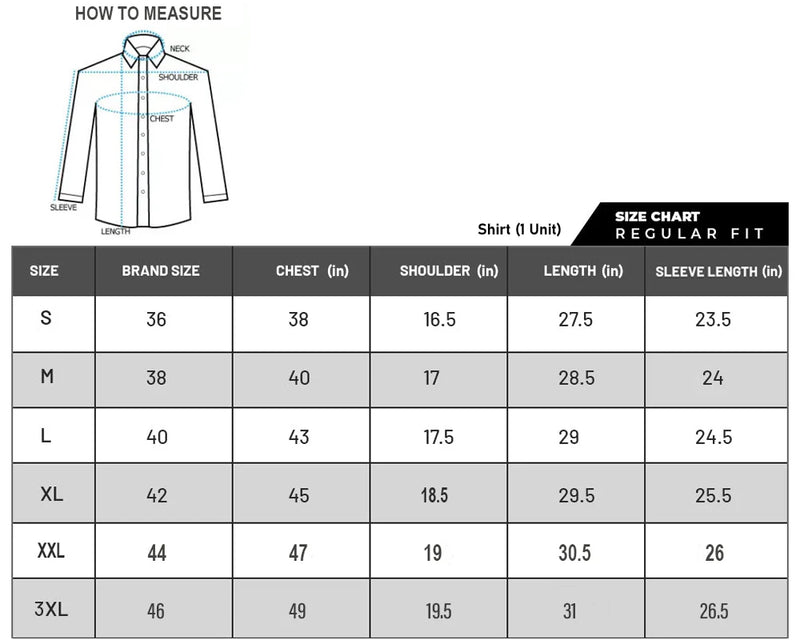 Size chart for Men’s Casual Slim Fit Plaid Checked Shirt – Navy Blue, White & Maroon Cotton Button-Up