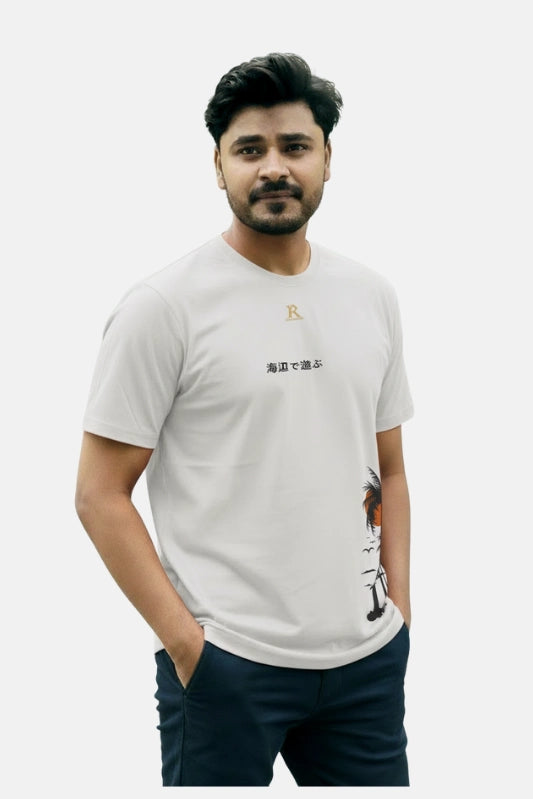 Man wearing a white t-shirt with text and graphics on a plain background Graphic White Palm T-Shirt Royal Outfits Graphic T Shirts - Graphic White Palm T-Shirt - Royal Outfits - Graphic T Shirts - Graphic White Palm T-Shirt - Royal Outfits