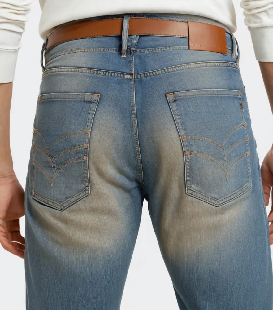 Front view of a model wearing classic blue straight-leg jeans with a clean hem and medium wash - Royal Outfits Classic Straight Jeans Royal Outfits Jeans - Classic Straight Jeans - Royal Outfits - Jeans - Classic Straight Jeans - Royal Outfits