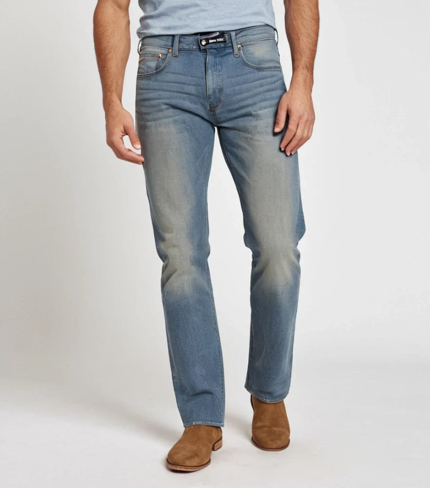 Front view of a model wearing classic blue straight-leg jeans with a clean hem and medium wash - Royal Outfits Classic Straight Jeans Royal Outfits Jeans - Classic Straight Jeans - Royal Outfits - Jeans - Classic Straight Jeans - Royal Outfits