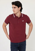 Man wearing a maroon polo shirt with a logo on a white background Maroon Quoted Regular Fit Men’s Polo T-Shirt Royal Outfits POLO T Shirts