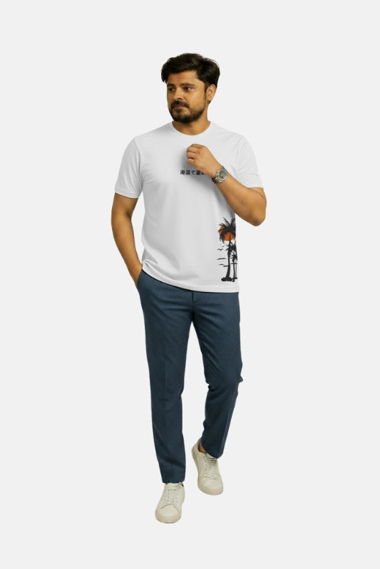 Man wearing a white t-shirt with a graphic design and dark pants on a white background Graphic White Palm T-Shirt Royal Outfits Graphic T Shirts - Graphic White Palm T-Shirt - Royal Outfits - Graphic T Shirts - Graphic White Palm T-Shirt - Royal Outfits