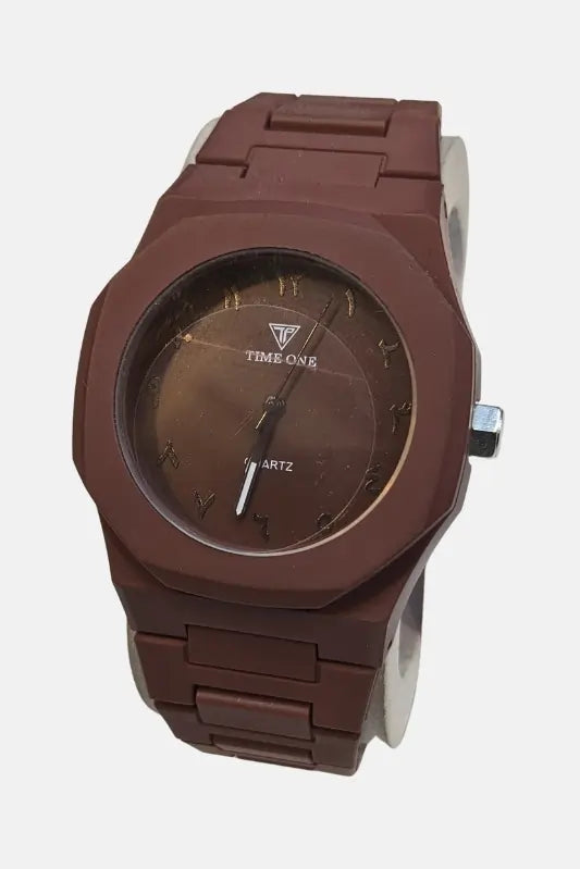 Arabic AURA Brown watch with 'Time One' branding on a white background