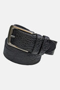 Black leather belt with a silver buckle on a white background