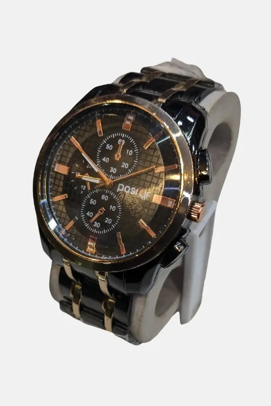 Black and silver watch with detailed face on a white background