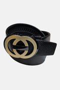 Black leather belt with a gold and silver interlocking G buckle on a white background