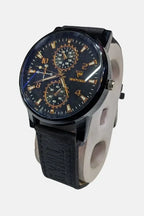 Black wrist watch with detailed face on a white background