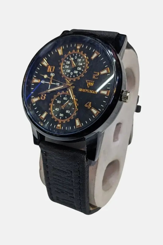 Black wrist watch with detailed face on a white background