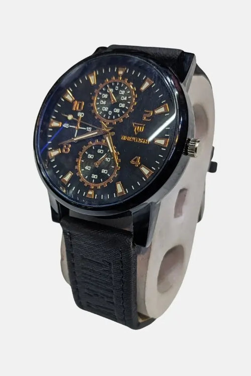 Black wrist watch with detailed face on a white background