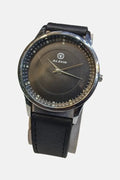 Black wristwatch with a brown dial on a white background