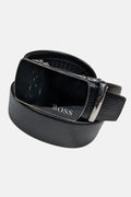 Boss Silver buckle Black leather belt on a white background