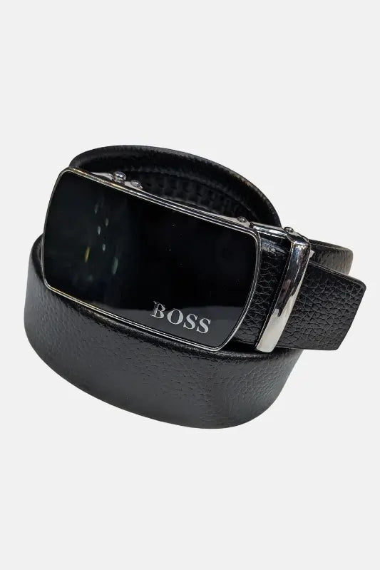 Boss Silver buckle Black leather belt on a white background