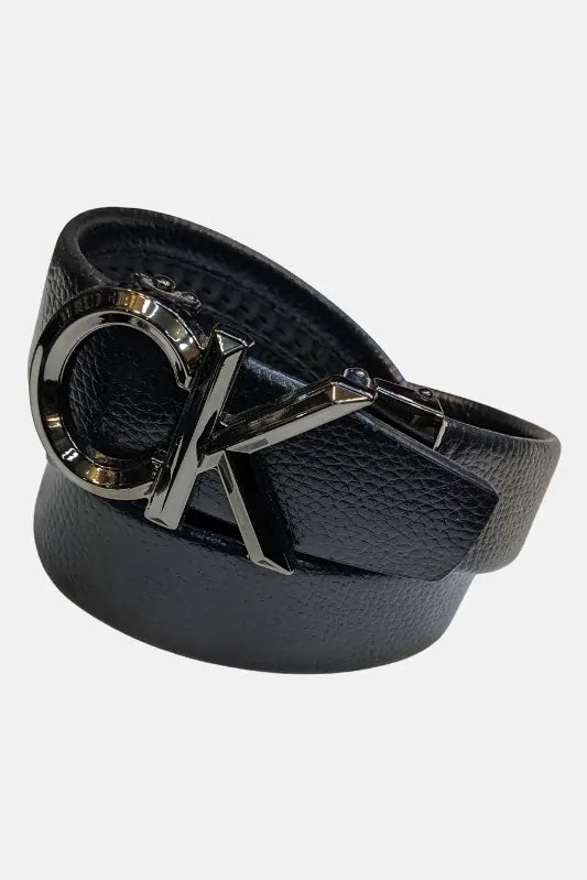 CK Metallic Buckle Black leather belt on a white background