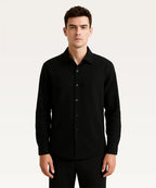 Man wearing a black button-up shirt against a white background Basic Cotton Shirt Royal Outfits Plain Shirts