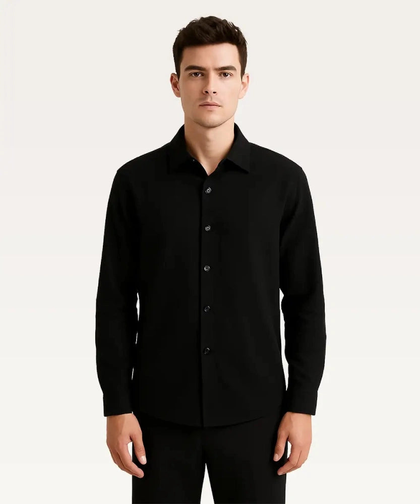 Man wearing a black button-up shirt against a white background Basic Cotton Shirt Royal Outfits Plain Shirts