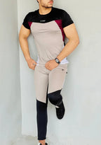 Gray Diamond-patterned track suit featuring a fitted jacket and tapered pants, styled on a male model - Royal Outfits Diamond Track Suit Royal Outfits Track Suits - Diamond Track Suit - Royal Outfits - Track Suits - Diamond Track Suit - Royal Outfits