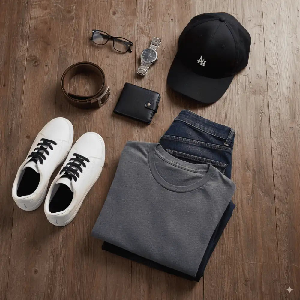 Collection of casual clothing and accessories on a wooden surface
