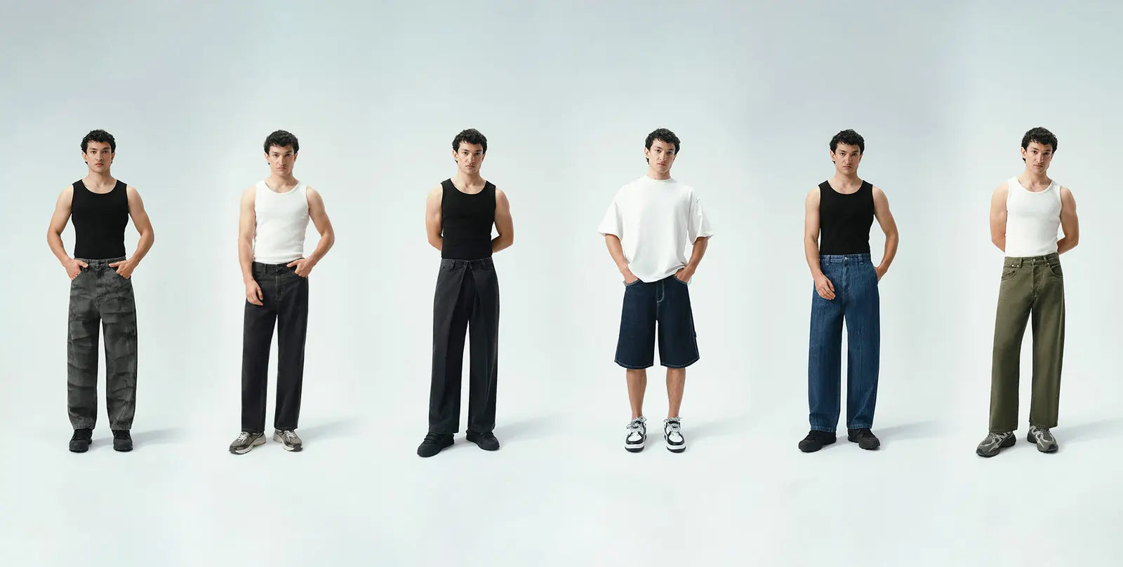 Six people wearing different clothes. Some are wearing jeans, some trousers and some shorts