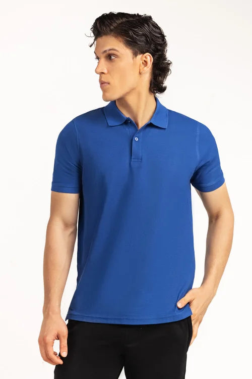 Man wearing a blue polo shirt on a white background Blue Regular Fit Men POLO T-Shirts Royal Outfits POLO T Shirts