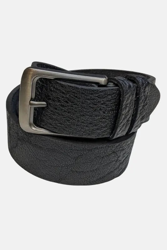 Jet Black with Silver Buckle Leather Belt on a white background