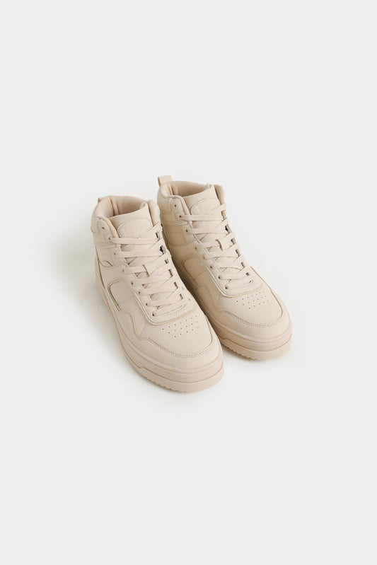 Pair of beige high-top sneakers on a white background High Top Sneakers Royal Outfits Sneakers