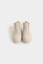 Pair of beige high-top sneakers on a white background High Top Sneakers Royal Outfits Sneakers