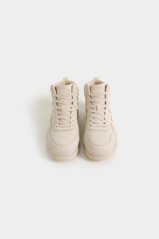 Pair of beige high-top sneakers on a white background High Top Sneakers Royal Outfits Sneakers