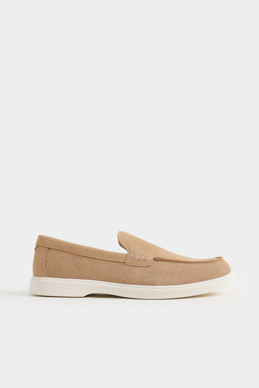 Beige loafer shoe on a white background Suede Loafers Royal Outfits Loafers