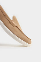 Beige slip-on shoe on a white background Suede Loafers Royal Outfits Loafers