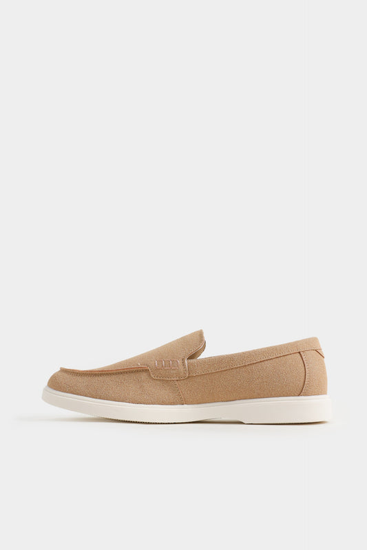 Beige loafer shoe on a white background Suede Loafers Royal Outfits Loafers
