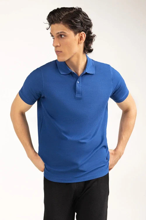 Man wearing a blue polo shirt on a white background Blue Regular Fit Men POLO T-Shirts Royal Outfits POLO T Shirts