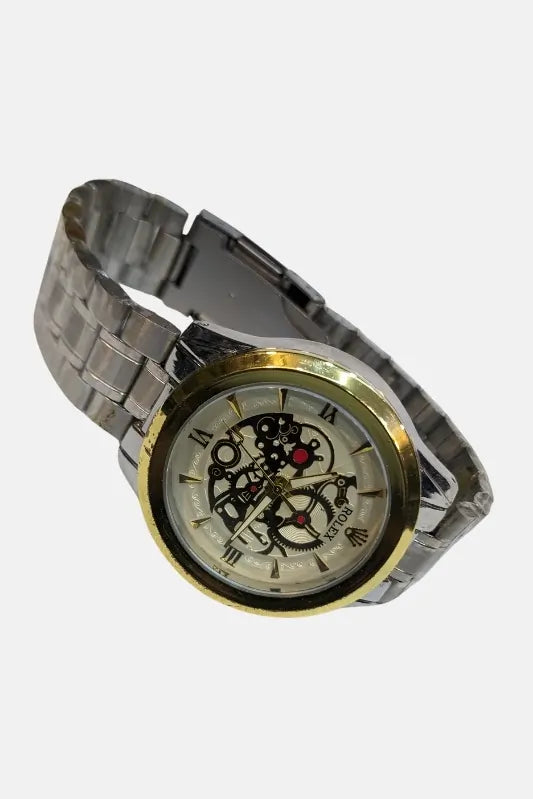 Rolex Watch Silver and gold watch with a detailed face on a white background.
