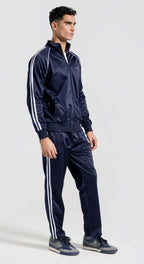 Man wearing a navy tracksuit with white stripes on a light gray background Smart Fit Sport Track Suit Royal Outfits Track Suits