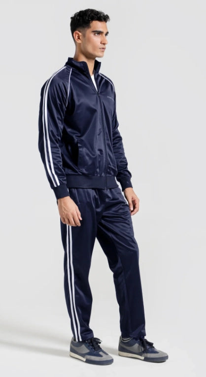 Man wearing a navy tracksuit with white stripes on a light gray background Smart Fit Sport Track Suit Royal Outfits Track Suits