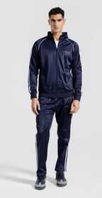 Man wearing a navy tracksuit with white stripes on a white background Smart Fit Sport Track Suit Royal Outfits Track Suits