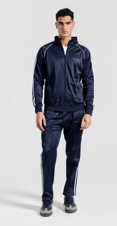 Man wearing a navy tracksuit with white stripes on a white background Smart Fit Sport Track Suit Royal Outfits Track Suits