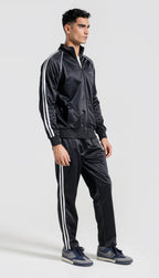 Man wearing a black tracksuit with white stripes on a light gray background Smart Fit Sport Track Suit Royal Outfits Track Suits