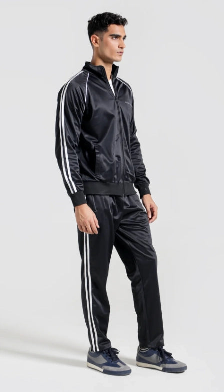 Man wearing a black tracksuit with white stripes on a light gray background Smart Fit Sport Track Suit Royal Outfits Track Suits