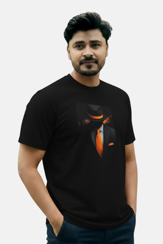 Man wearing a black t-shirt with a graphic design on a beige background Graphic Black Boss T-Shirt Royal Outfits Graphic T Shirts - Graphic Black Boss T-Shirt - Royal Outfits - Graphic T Shirts - Graphic Black Boss T-Shirt - Royal Outfits