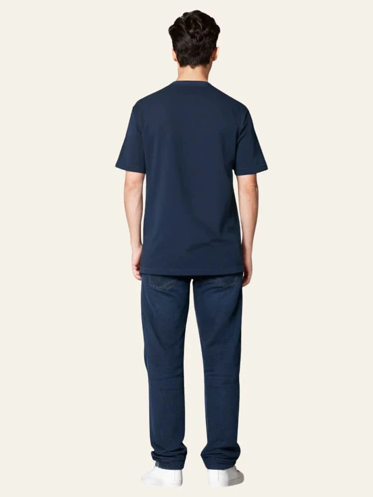 Person wearing a navy blue scrub set on a white background Graphic Navy Blue "I'M OK" T-Shirt Royal Outfits Graphic T Shirts