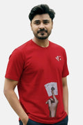 Man wearing a red t-shirt with a graphic design on a plain background Graphic Red Ace T-Shirt Royal Outfits Graphic T Shirts