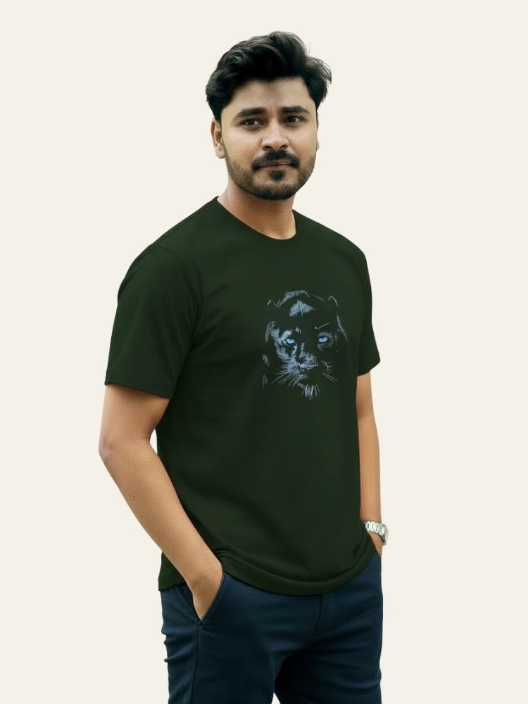 Man wearing a black t-shirt with a graphic design on a plain background Graphic Dark Green Lion T-Shirt Royal Outfits Printed T Shirts
