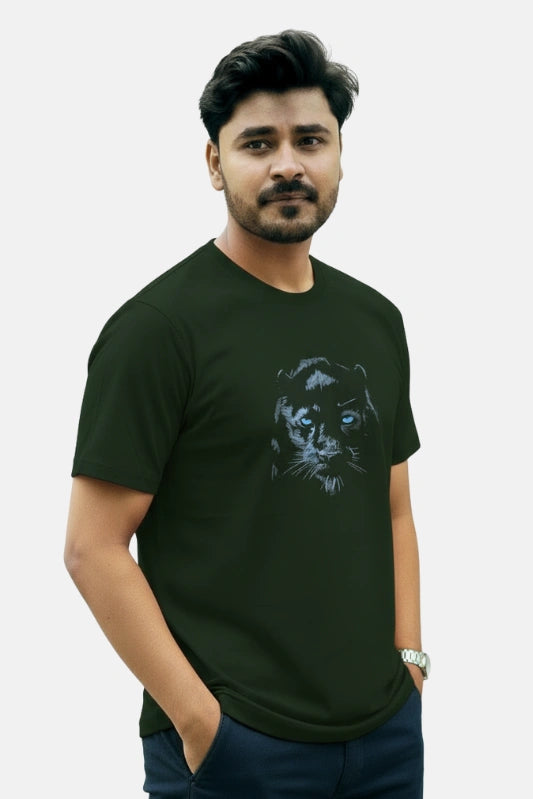 Man wearing a black t-shirt with a graphic design on a plain background Graphic Dark Green Lion T-Shirt Royal Outfits Printed T Shirts - Graphic Dark Green Lion T-Shirt - Royal Outfits - Printed T Shirts