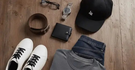 Collection of casual clothing and accessories on a wooden surface
