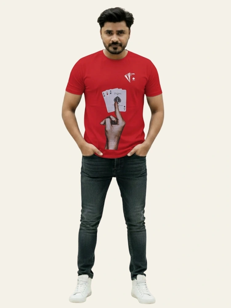 Man wearing a red t-shirt with a graphic design on a plain background Graphic Red Ace T-Shirt Royal Outfits Graphic T Shirts